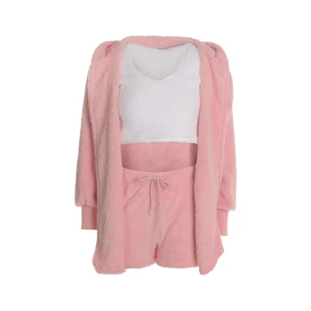 

Women’ s Combed Cotton Solid Color Long Sleeve Hooded Coat+Sleeveless Crop Top+Shorts Girls Casual Autumn Winter 3Piece Sets
