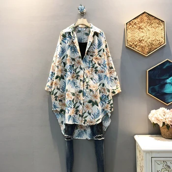 

[EWQ] 2020 Spring Summer New Arrivals Turn-down Collar Three Quarter Sleeve Print Pattern Button Women Casual Shirt Long AW39300
