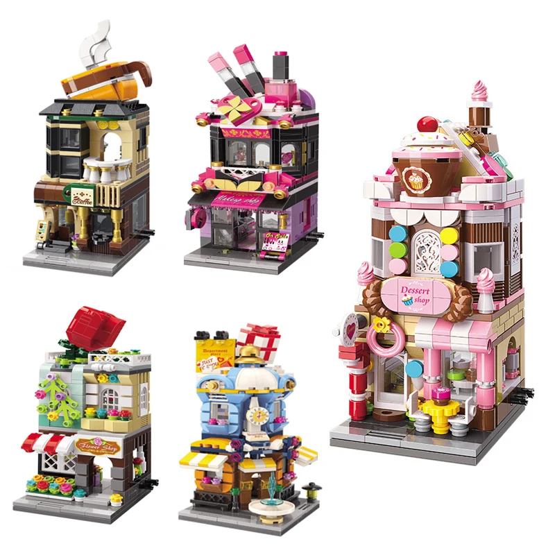 

Mini Building Bricks City Street Dessert store Flower Makeup Shop Model Architectures Kids Toys Compatible Store Blocks Gifts
