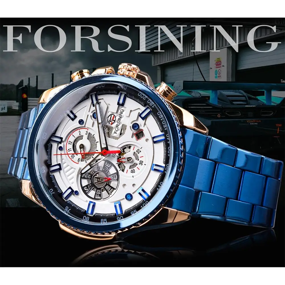 Forsining Business Mens Watches Top Brand Multicolor Man Clock Blue Stainless Steel Mechanical Automatic Stylish Male Wristwatch