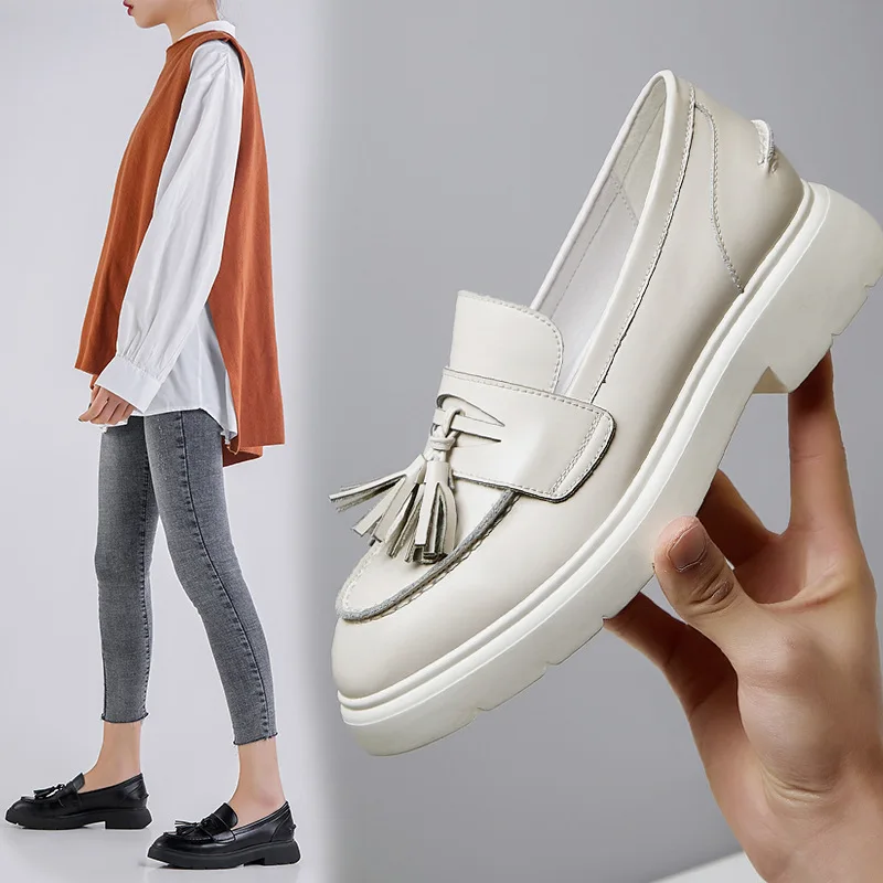 

Inside And Pure Leather Versatile British Style Tassels Loafers 2020 Spring And Autumn New Style Low Heel Shoes Women's Genuine