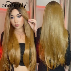 oneNonly Brown Lace Front Wig Long Straight Wigs for Women Human Hair Lolita Cosplay Daily Party High Density Heat Resistant