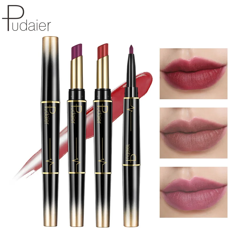 

Pudaier Matte Lipstick Waterproof Double Ended Long Lasting Lipsticks Brand Lip Makeup Cosmetics Nude Dark Red Lips Liner Pencil