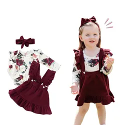 Ensemble de vêtements pour bébés filles, barboteuse à fleurs + jupe à bretelles en velours + bandeau pour tout petits 
