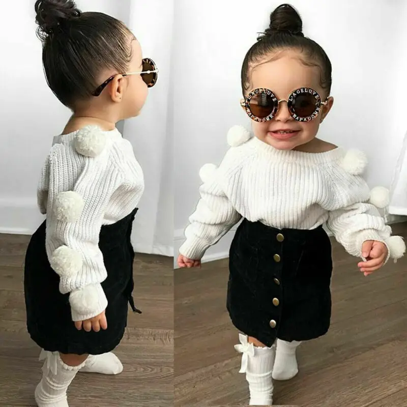 

Toddler Baby Girls 2PCS Autumn Clothes Set Hairball Knit Tops Mini Skirt Outfits