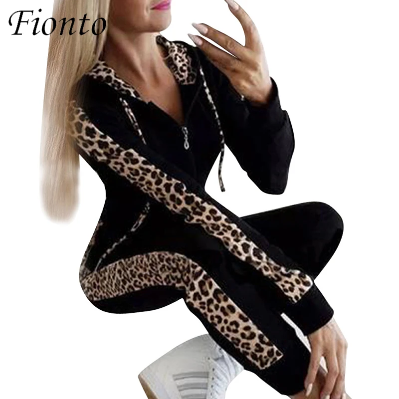 

Autumn Winter Fashion Tracksuit Women Fionto Splice Fleece Leopard Print Coat with Hood Two Pieces Set Hoodies Long Pants Suit