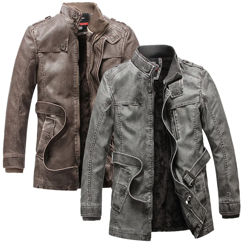 

Men's Stand Collar Retro Leather Coat Leather Jacket plus Velvet Mid-length Faux Leather Coat Slim Fit PU Leather