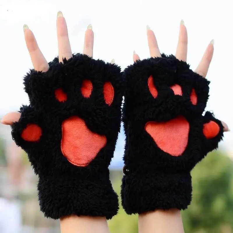 Новинка; Лидер продаж; модные зимние Для женщин милая кошачья лапа плюшевые варежки короткие перчатки без пальцев пушистые перчатки с медведями на полпальца кошачьи перчатки - Цвет: Черный