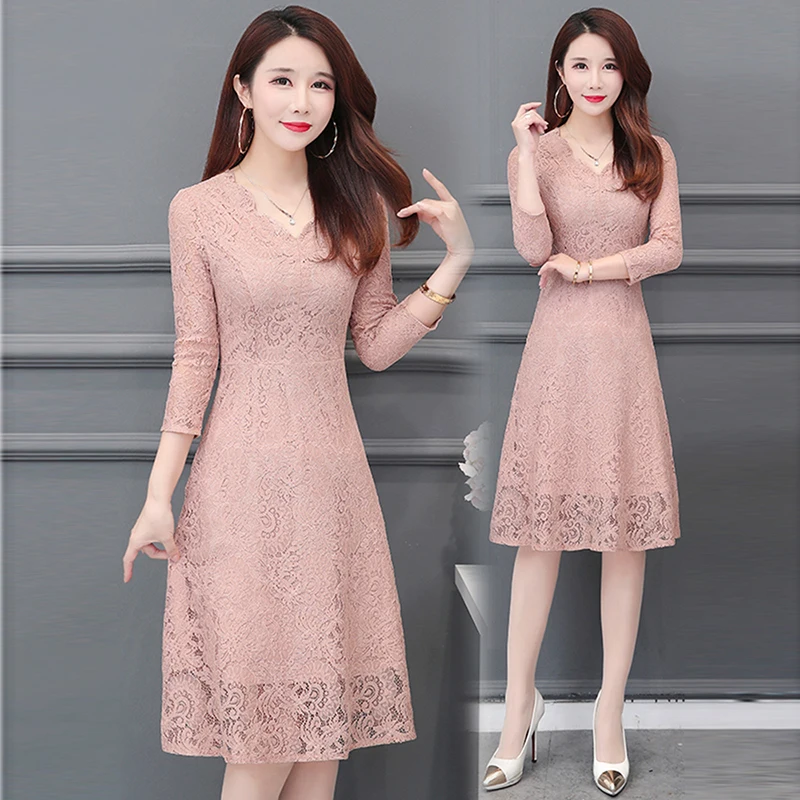 

2019 Spring fashion temperament dress women vintage Lace V-Neck A-Line dress autumn Solid color Long Plus Size dress women ON640