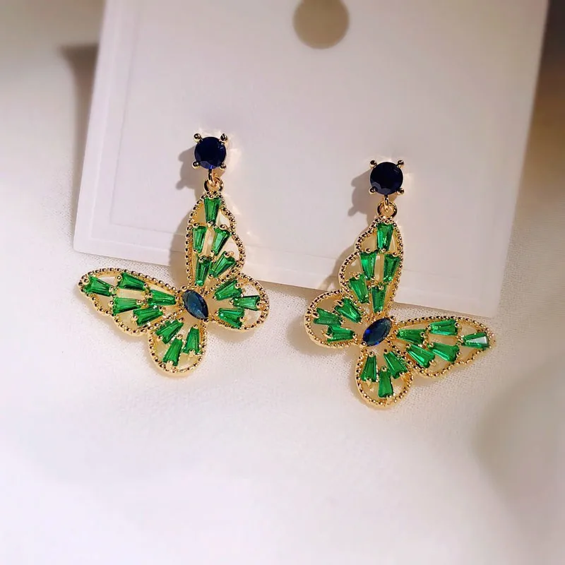 S925 Silver Needles Drop Earrings For Women Green/Pink Cubic Zirconia TButterfly Romantic Fine Jewelry Bridal Wedding Accessory - Цвет камня: Green