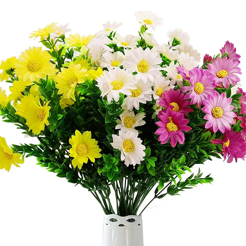 Artificial Daisies Flowers Outdoor UV Resistant 4 Bundles Fake Foliage Greenery 
