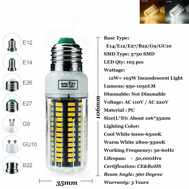 15X Светодиодный лампочки «Кукуруза» E27 E12 E14 B22 5730 SMD 30 Вт-165 Вт эквивалентная лампа 31 58 74 105 140 170 светодиодный S 110V 220V для домашнего декора