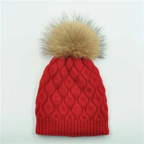 Red natural fur Women Winter Hat Angora Knitted Wool Beanie Female New Fashion Casual Outdoor Thick Ladies Warm Fur Ball Hats - Color: Red natural fur
