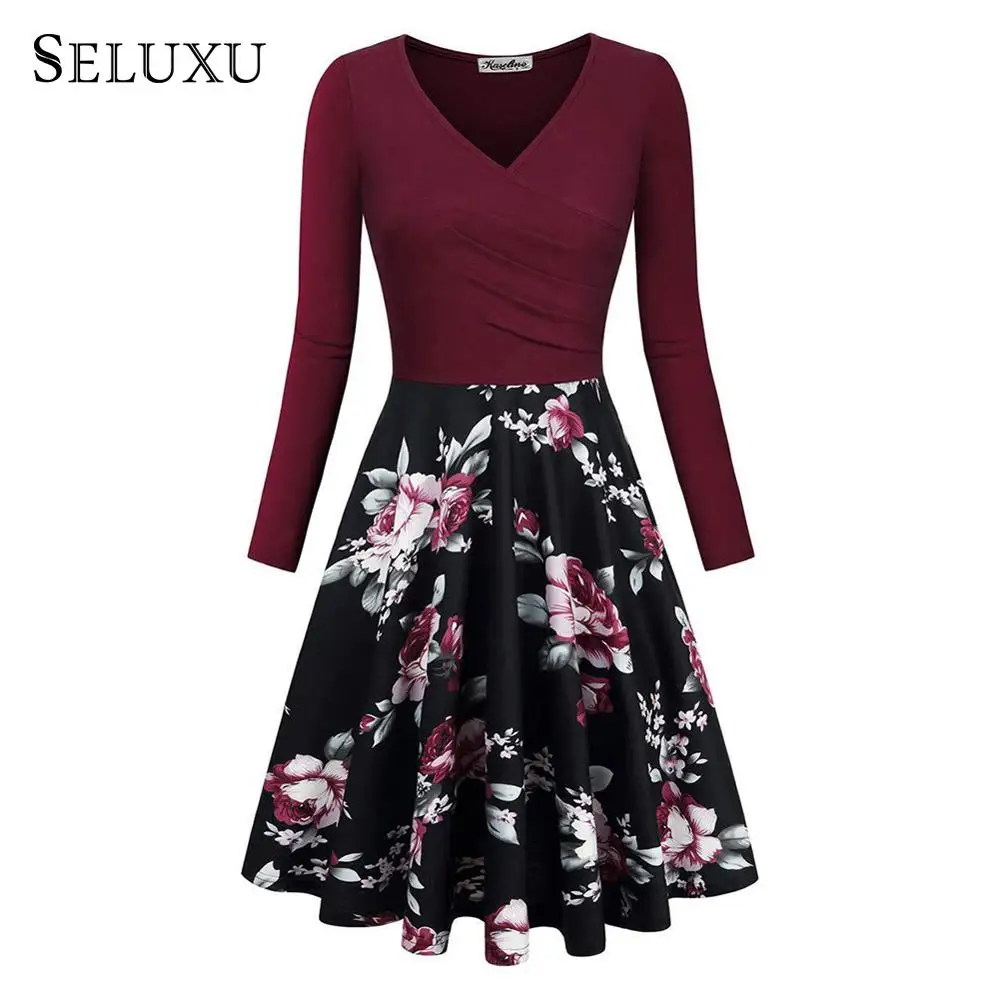 

Seluxu 2019 Fall Autumn Women Dress Floral Print Patchwork Women Dress Long Sleeve V-Neck Dress A-Line Dress Knee-Length Dress