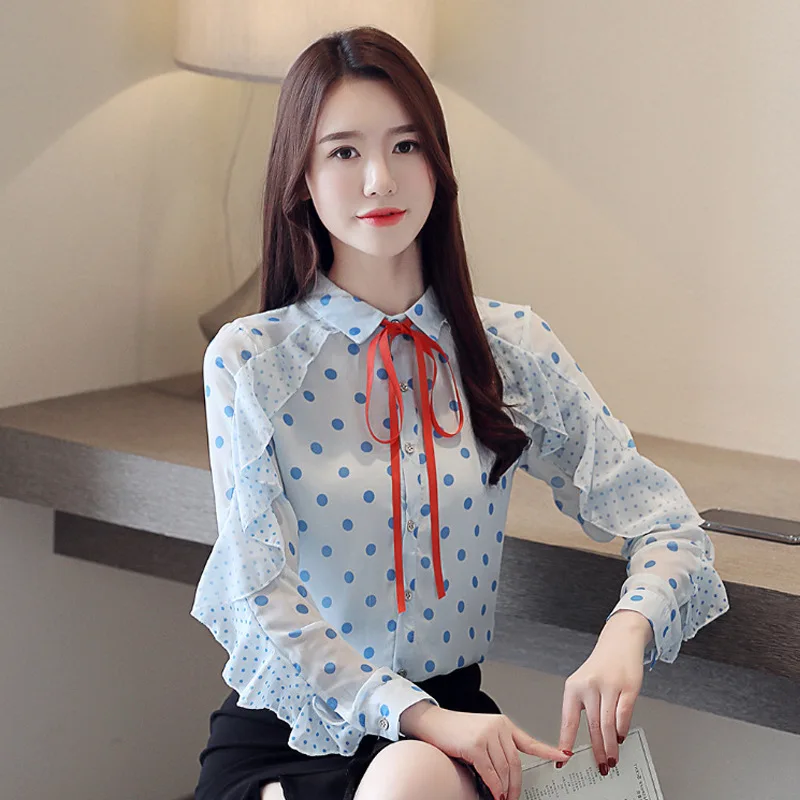 

2019 New Style Spring Clothing Bow Chiffon Shirt Tops Korean-style chao yang Gas Dotted Shirt Women's Long-Sleeve Base Shirt