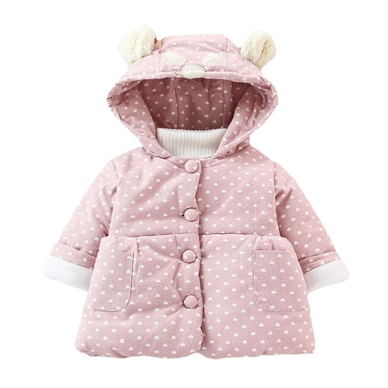 Одежда для младенцев с принтом модное зимнее пальто для маленьких девочек теплая утепленная детская верхняя одежда пальто с капюшоном и милыми ушками костюм для девочек