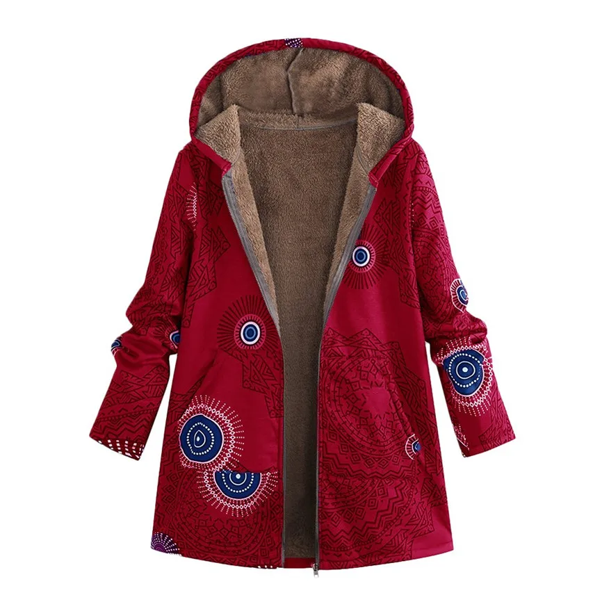 Зимнее женское пальто женская зимняя теплая верхняя одежда ретро геометрический принт с капюшоном карманы винтажное пальто оверсайз женский пиджак