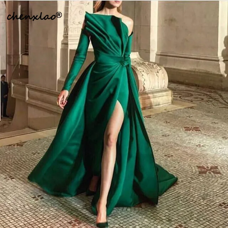 

New Arrival Off the shoulder Green evening dresses Long Sleeve Evening gowns abendkleider 2019 Robe de soiree abiye Formal dress