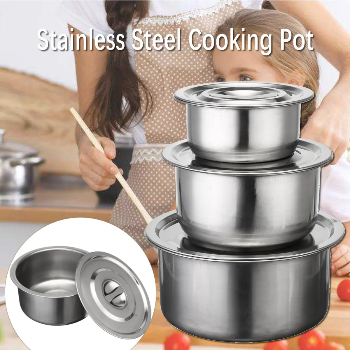 

3PCS Stainless Steel Cooking Stock Pots Set Stainless Steel Food Container Pot No Handle Multi-purpose Cookware Kitchen Tools