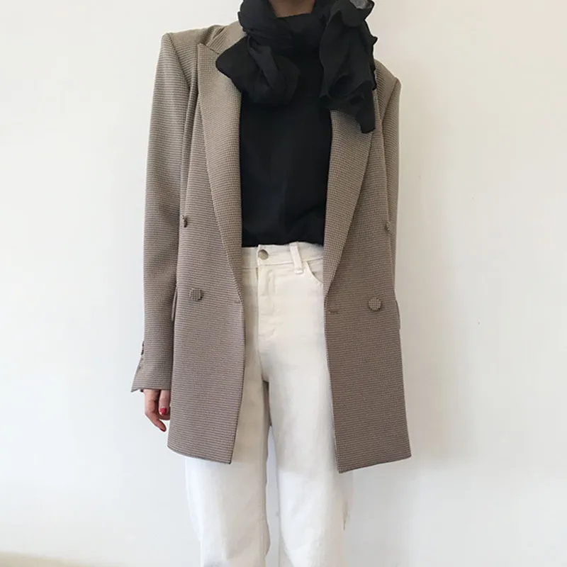 

2019 Fashion Plaid Women Coat Retro Button Lattice Suit Jacket with Shoulder Pads Jacket Female Casual Coats