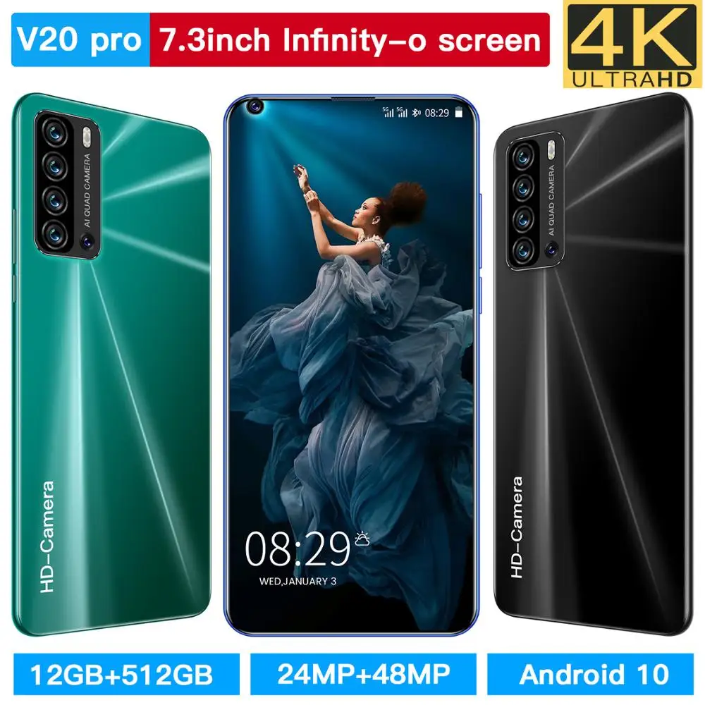 New Smartphones 7.3inch V20 Pro 12G 512G 48MP Type-C Plug Face Unlocking Wifi GPS 4G 5G LTE CellPhone Global Version 5600mAh