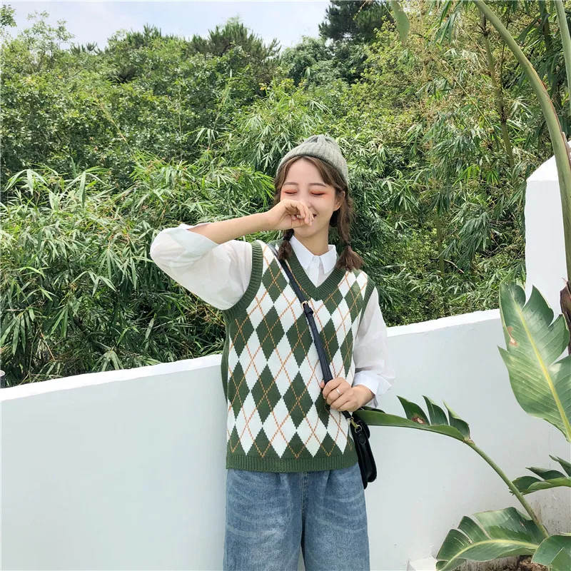 Women Sleeveless Pullover Fall Korean Preppy Style Vintage Argyle Plaid V Neck Knitted Sweater Vest Knitwear Waistcoat T441