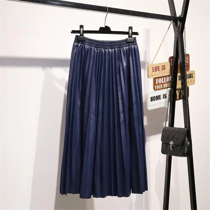 Модная из искусственной кожи Женская юбка Эластичная Высокая талия плиссированные юбки для женщин s Faldas элегантная уличная кожаная юбка однотонная Q2235 - Цвет: Blue Skirts