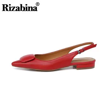 

RIZABINA New Women Genuine Leather Sandals Pointed Toe Buckle Strap Slingback Low Heel Party Shoes Ladies Footwear Size 34-40