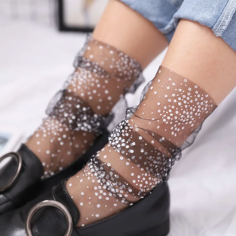 

Sanderala Summer Sexy Woman Mesh Cute Socks Printed Tulle Stockings Extra Elastic Ladies High White Thin Socks