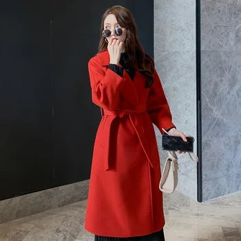 

Hot Women Wool Blends Turn Down Collar Belt Long Coats Elegant Ladies Slim Pink Red Black Wool Jacket Winter Female Thick Coat