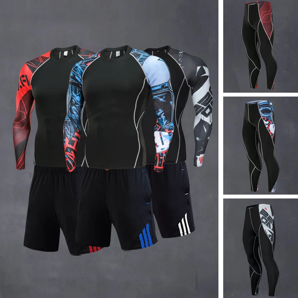 

New Men's Hot Running Suit Comprehensive Training Suit Gym Exercise Crossfit Tshirt Running Pants 2 Piece Tracksuit Men