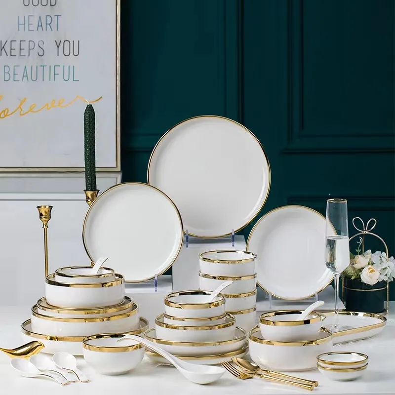 Glossy Gold Rim White Porcelain Dinner Plate Set Kitchen Plate Ceramic Tableware Food Dishes
