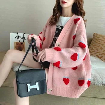 

Strawberry Cardigan Women Sweater Loose Oversize Women Long Sleeve Print Elegant Cardigan Tops Knitted Coat Jacket Women Sweater