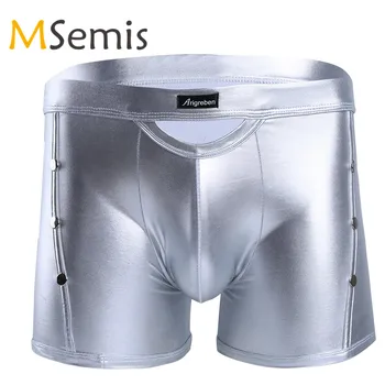

Latex Swimwear Mens Swimsuit Shiny Underwear Patent Leather Boxer Shorts Bulge Pouch Male Rivets Detailing Swimming Truck