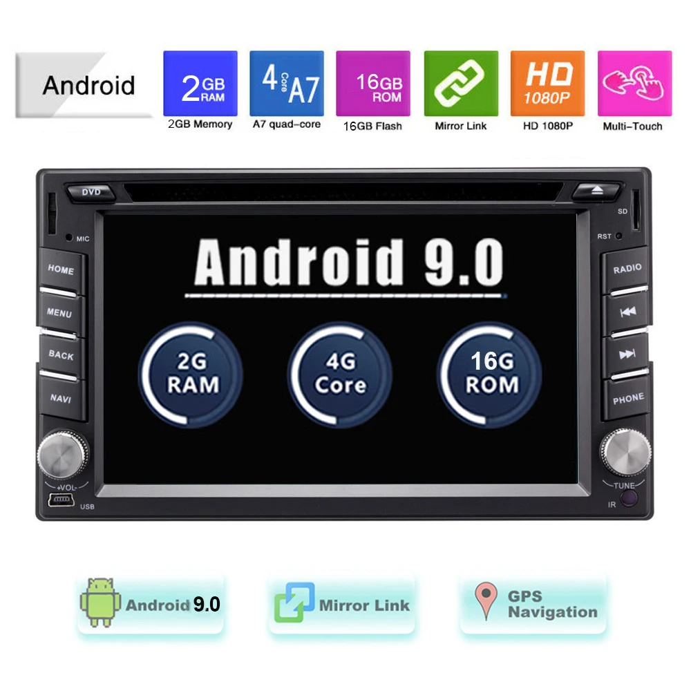 

Android 9.0 Quad Core Car DVD Player 6.2Inch 2DIN Universal Car Radio GPS Stereo Audio Head Unit Mirror-link Wifi OBD BT