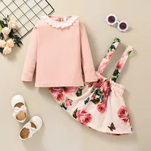 Toddler Baby Girls Clothes Sets Cotton Ribbed Pullover Top+Floral Suspender Skirts Outfits Children Clothes Sets 1 2 3 4 5 Years