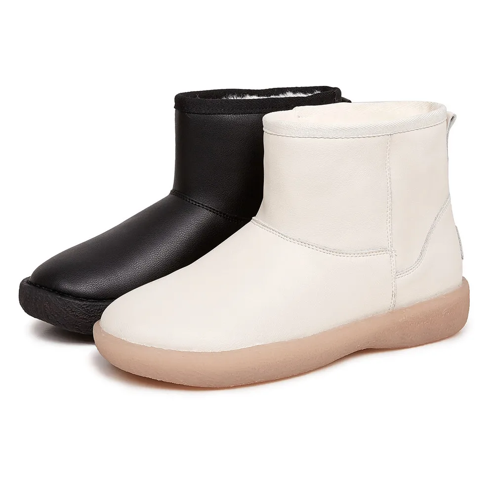 PEIPAH Handmade Genuine Leather Women's Snow Boots Winter Keep Warm Plush Women Winter Slip On Shoes Solid Ankle Boots For Woman