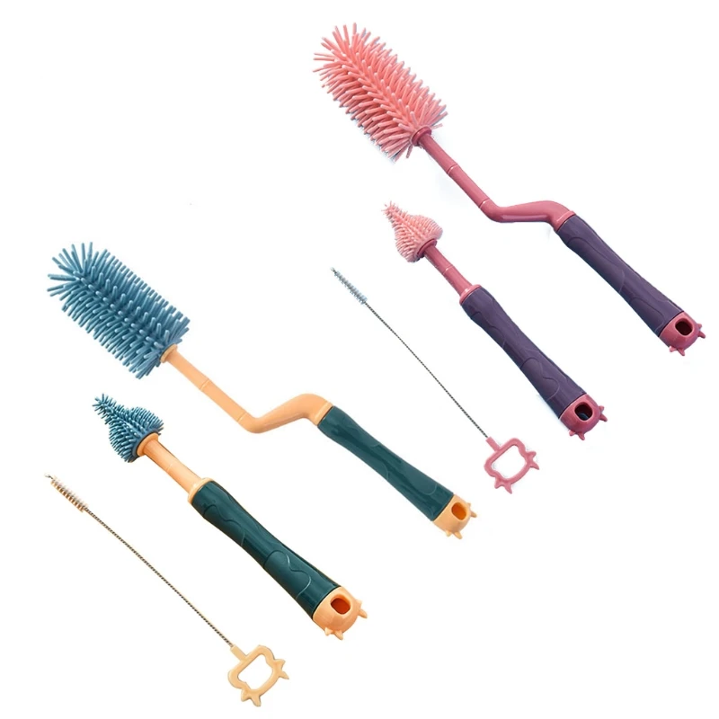 Ensemble de brosses de nettoyage de biberons pour bébé, manche rotatif,  nettoyeur de biberons en Silicone souple, 3 pièces, M89C