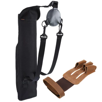 

Back Arrow Quiver Hunting Archery Target Quiver Holder Shoulder Bag Pouch with Brown Leather 3 Finger Archery Glove