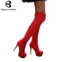 BONJOMARISA/Новинка 31-43, пикантные высокие сапоги до бедра с завязками женские осенние вечерние Сапоги выше колена г. Женская вечерняя обувь на высоком каблуке