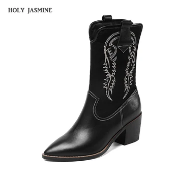 

Womens Winter Fashion 2019 Ankle Boots for Women Genuine Leather Western Cowgirl Boots Pointed Toe Black Winter Cowboy Boots
