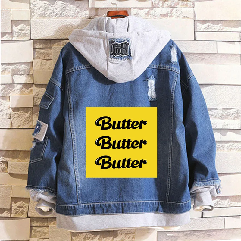 

butter Women Fashion fake two-piece cowboy hoodie Oversized Denim Jacket Coat Women Vintage Long Couple denim top