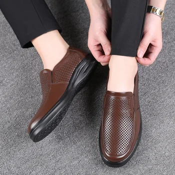

Hollow Out Leather Shoes Men's Leather Sandals Cool Summer Leather Holes Breathable Middle-aged Casual Shoes