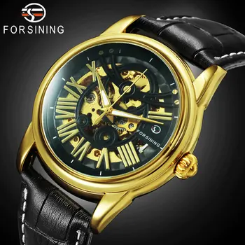 

FORSINING Classic Men Auto Mechanical Watch Leather Strap Skeleton Dial Super Golden 3D Roman Number Top Brand Luxury Wristwatch