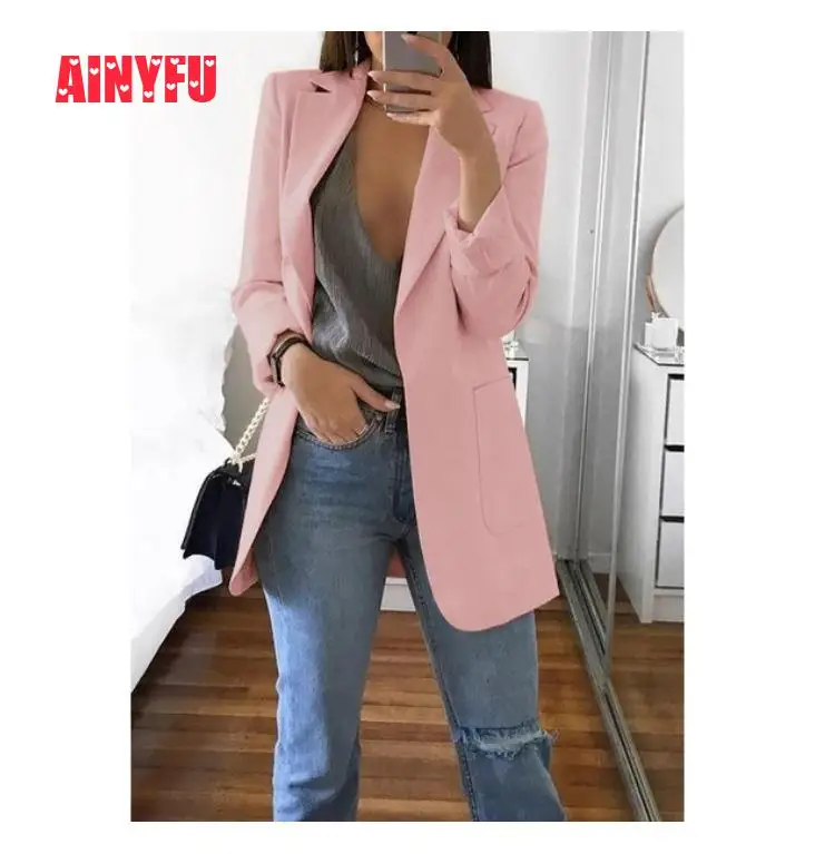 New  Ainyfu Solid Temperament Slim Suit Jacket Woman Turn-down Collar Office Lady Coats Long Sleeve Patc