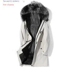 Зимняя куртка, Мужская парка, длинное пальто из натурального меха, Мужская меховая подкладка из натурального кроличьего меха, Воротник из лисьего меха, Роскошные куртки с капюшоном, K9SYJP001