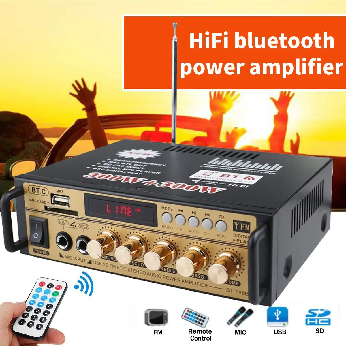 Мини стерео Hi-Fi усилитель звука для автомобиля и дома 300 Вт + bluetooth 5 0