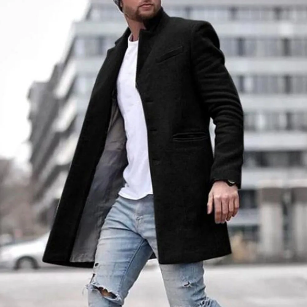 Low Price Wool Blends Men Fashion Autumn Spring Plian Office Vintage Causal Long Blazer Winter Coat 4 Colors Plus Size 3XL Overcoat Black