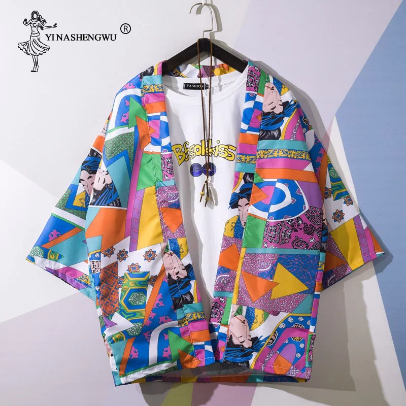 Юката Кимоно Кардиган для мужчин традиционное японское кимоно унисекс Harajuku пляжная свободная тонкая рубашка Азиатский Япония Косплей Костюм с принтом - Цвет: as picture