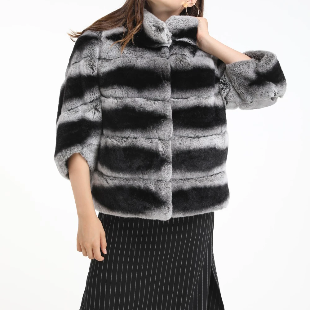 

real rex rabbit fur coat short jacket stripe plus size winter furry fluffy 2019 fashion with half sleeve